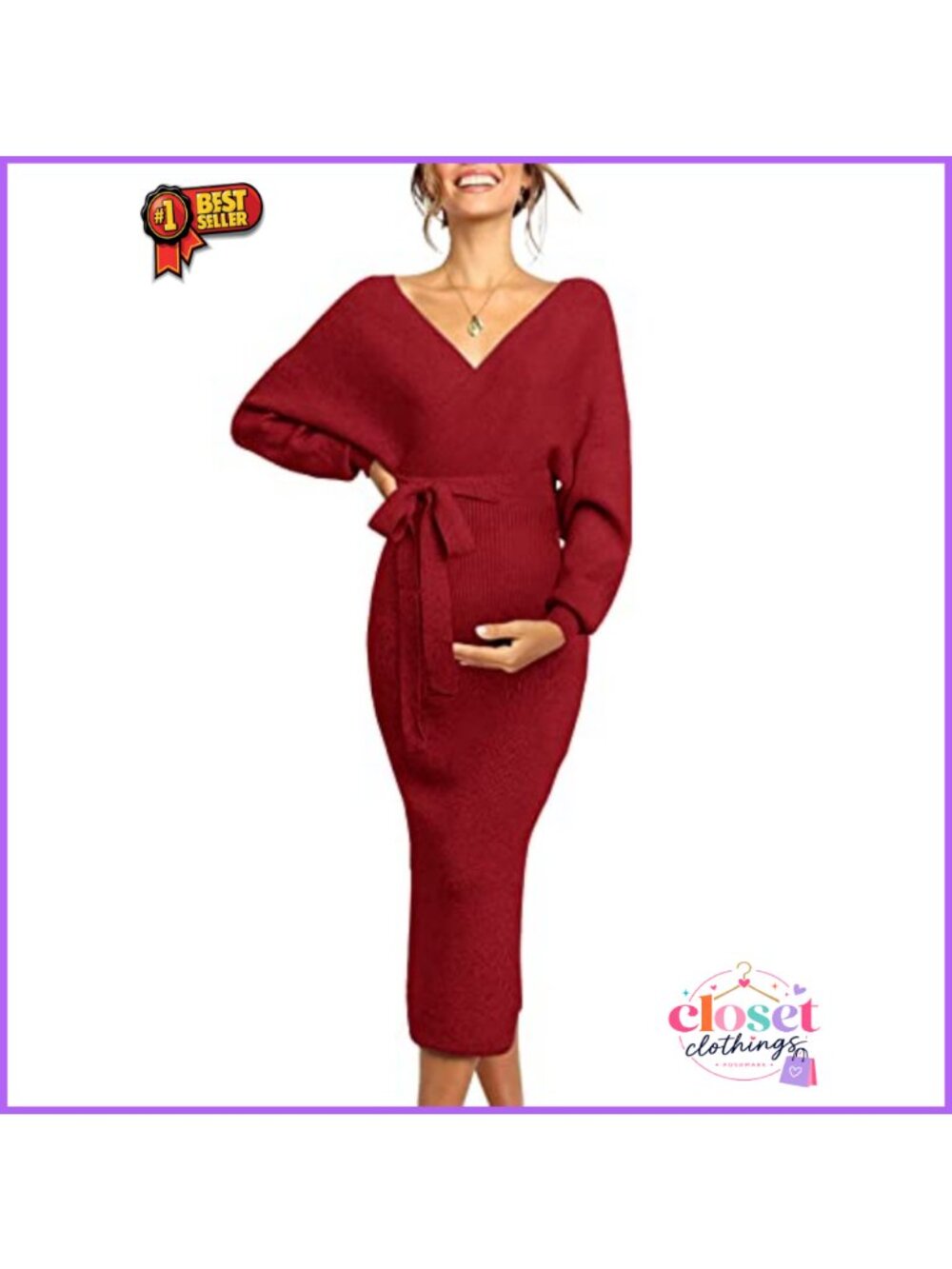 Ribbed Knit Sweater Maternity Nursing Maxi Dress Faux Wrap V-Neck Wedding Guest